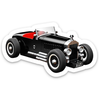 Wednesday Adam’s Blood stained Lego Satanic Darth Vader black Bare bones (channeled cowl) drag racing and speed record modified (fenders removed) chopped streamlined sporty roadster that is a (stripped down) hot street rodded engine sports car 1952 Rolls Royce Woody futuristic  wide racing wheels sticker