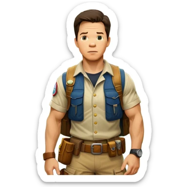 Icon for Adventure Movie: A vintage movie poster-style design featuring Mark Wahlberg in a jungle with a treasure map, wearing explorer gear. Include ancient ruins, treasure piles, and jungle foliage in the background. Exciting and adventurous cinematic feel. Transparent background. sticker