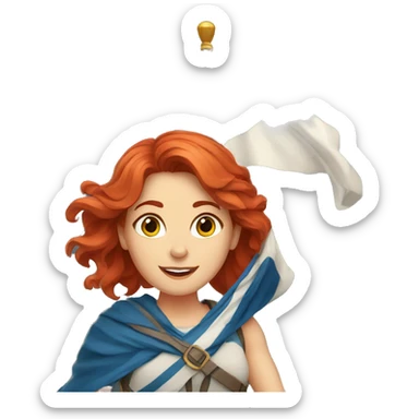 a red hair female on mountain summit holding greek flag sticker