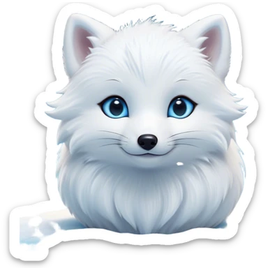 Cinematic Cute Arctic Fox Portrait Emoji, Head tilted playfully and inquisitively, featuring a silky, pure white Fur with delicate hints of icy blue on the ears and muzzle, round, sparkling eyes filled with curious charm, Simplified yet irresistibly adorable features, highly detailed, glowing with a warm, friendly glow, high shine, affectionate and spirited, stylized with a touch of frosty whimsy, bright and endearing, soft glowing outline, capturing the essence of a mischievous yet loving arctic fox, so playful it feels like it could frolic out of the screen and into your arms! sticker