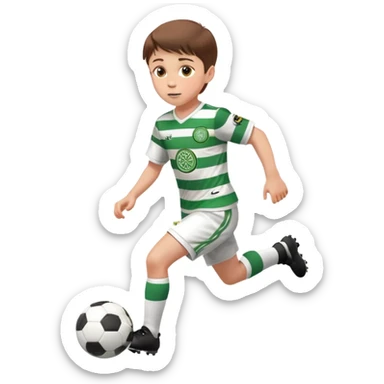 Celtic footballer jersey logo  6 years old brown hair white boy , brown eyes , stripes uniform , RUNNING  with soccer ball is number  17 celtic football logo  ONE CELTIC LOGO ONLY white shorts sticker