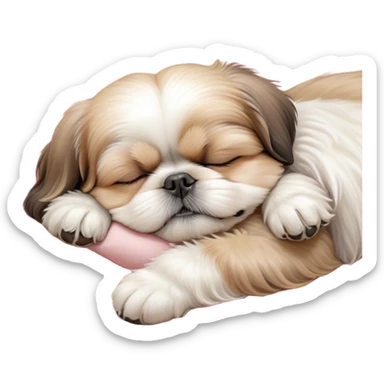 Meme-Worthy Cute Sleeping Shih Tzu Portrait Emoji, Head resting peacefully with a tender, contented smile and eyes delicately closed in serene slumber, showcasing a luxuriously fluffy fur in soft pastel tones, simplified yet irresistibly adorable, highly detailed, glowing with a warm, drowsy radiance, high shine, exuding calm, cozy charm, styled with a gentle, soft glowing outline, capturing the essence of a sleeping Shih Tzu that radiates utterly adorable, sleepy bliss! sticker