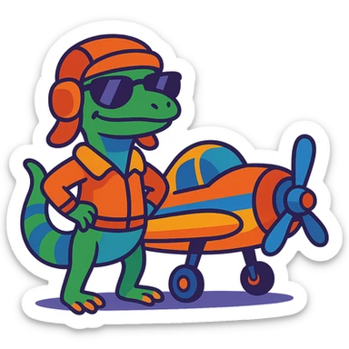 a lizard with a pilot hat and sunglasses, standing next to a small airplane, cartoon style sticker
