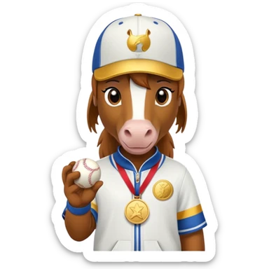 friendly anthropomorphised horse in a hip-hop outfit, wearing a gold medal and a baseball hat sticker
