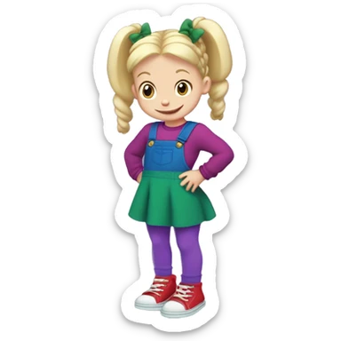 A little blonde girl with pigtails and little purple bows wearing a red long-sleeved shirt and purple overalls skirt with blue tights with green polka dots and purple sneakers, full body, rugrats sticker