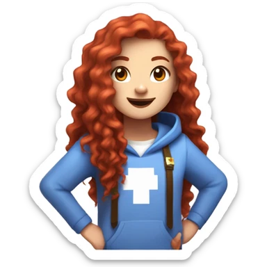 a white girl with long red curly hair and freckles, wearing periwinkle Minecraft hoodie playing a videogame smiling sticker