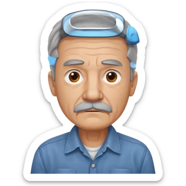Old man with gray hair and mustache and working shirt. sad expression sticker
