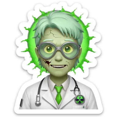 radioactive zombie scientist portrait, head and shoulders only, glowing toxic veins, cracked goggles, lab coat with radiation badge, sinister smile, 3D cartoon, mobile game icon style, clean background, no text, no watermark
 sticker