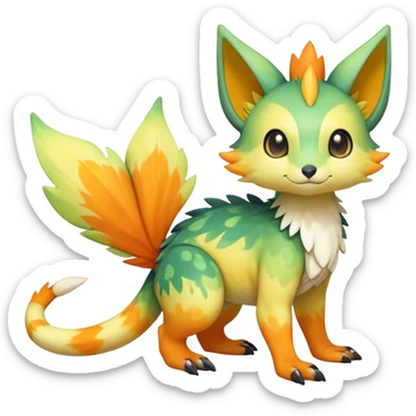 Rare realistic exotic warm-green warm-orange warm-yellows pastel gradients cute epic pretty beautiful handsome gorgeous aesthetic colorful vibrant Vernid-Trico-species-Fakemon-creature by LiLaiRa, 4 legs, 1 tail, random markings, (full body) sticker