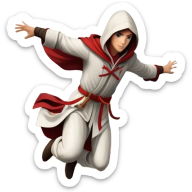 An icon featuring a hero performing a leap of faith from a tower in Florence, inspired by adventure games like Assassin's Creed. The design captures the dramatic moment mid-air, with detailed architecture and a bustling city below. Transparent background sticker