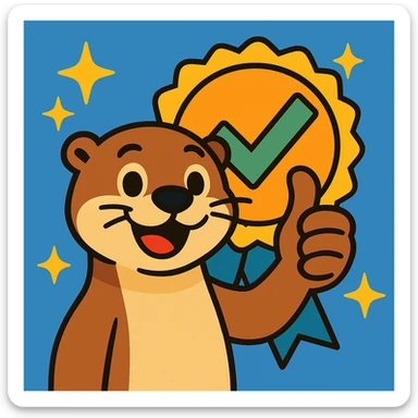 otter giving a thumbs up, surrounded by stars and an approval badge in the background, playful style sticker