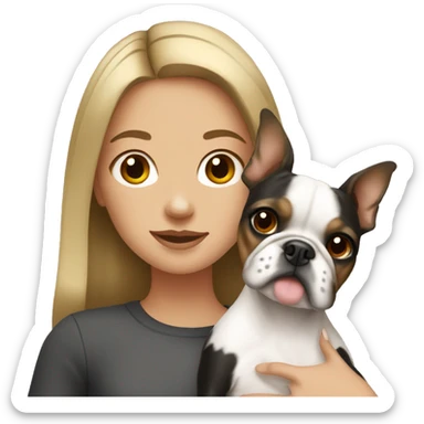 Girl with dirty blonde hair holding a Boston terrier sticker
