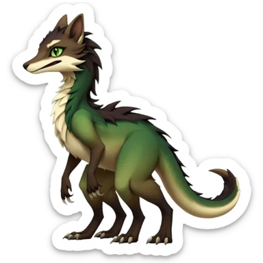 Brown and beige badass elegant wild beautiful natural cute badass epic exotic anthro modern furry 2-legged sergal-vernid-creature, full body, dark-brown-black-gradient pretty hair, with a long tufted tail, green eyes, aesthetic, art by LiLaiRa, art by art by Falvie sticker