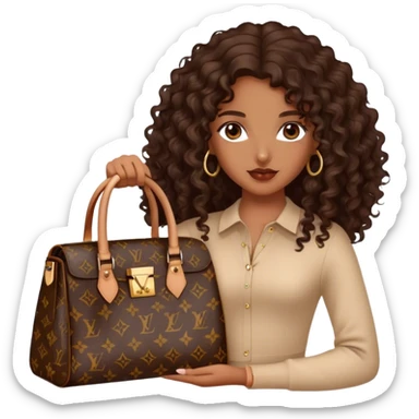 Brown girl with long dark brown long curly hair with Louis Vuitton bag sticker
