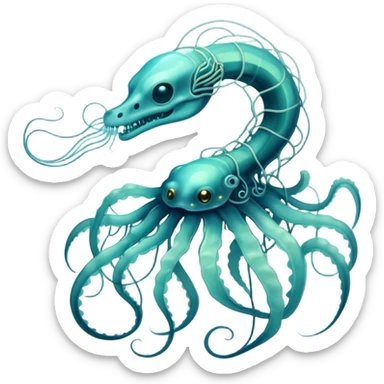 A phosphorescent deep-sea serpent made of electric wires and cables with translucent scales that reveal its glowing skeleton, possessing both jellyfish-like tendrils and the ability to generate electrical pulses that illuminate the ocean depths. sticker