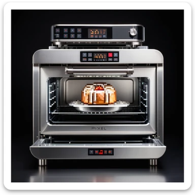 Ein mechanischer Bäcker mit Edelstahlkörper, eingebautem Rührarm, LED-Anzeigen und Touchscreen-Ofen. Die UI ist aus gebürstetem Metall, mit Schrauben, Schaltern und digitalen Displays im Retro-Stil. sticker