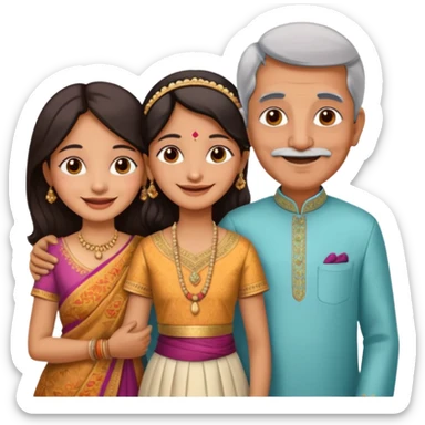 Indian family with a 70 years old father and mother and a 40 years old daughter. They wear a traditional dress. They are smiling. sticker