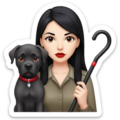 woman with long black hair and red lips next to a black Cane Corso dog with cropped ears and short tail sticker