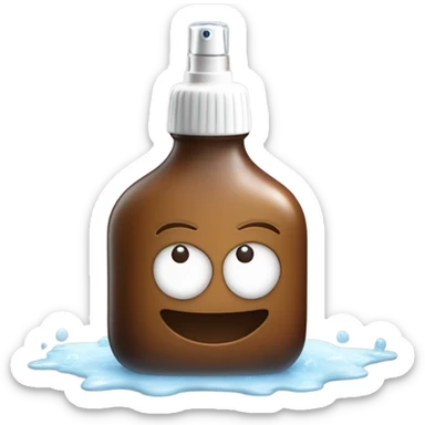 brown glass spray bottle with white top spraying small droplets of water from POV of sprayer sticker