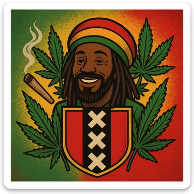 Create a digital illustration of a Rasta man with a friendly expression, wearing a red, gold, and green tam (Rastafarian hat), with dark brown skin and dreadlocks. Place him inside a bold, stylized Amsterdam coat of arms flag. The flag should have red, black, and gold tones with three white Xs in a vertical black stripe in the center. Surround the coat of arms with vibrant green cannabis leaves, a smoking spliff with rising smoke on the left side, and a textured reggae-colored background blending green, gold, and red. The style should be vintage, bold, and clean — like a high-quality reggae poster with modern emoji art flair. sticker