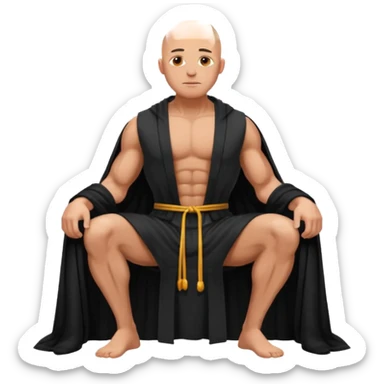 fullbody jacked bald guy, sleeveless and unbuttoned in black robe sitting sticker