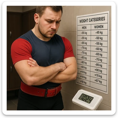 European powerlifter weighing on a digital scale, looking at the display and a weight category chart next to it, thoughtful expression, sportswear, realistic details, locker room background sticker