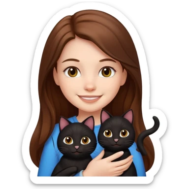 cute white girl with long brown hair, smiling, holding two black cats, emoji style sticker
