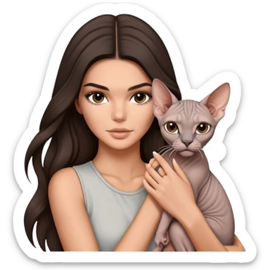brunette Kendall Jenner with long hair holding on the hands grey Sphynx sticker