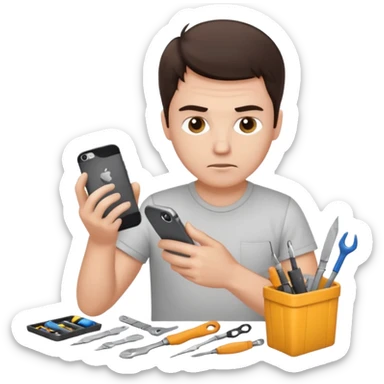 make a white guy with dark brown hair, with a simple white o grey shirt, repairing an iphone, un tecnico sticker