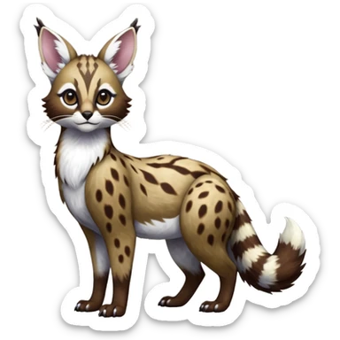 Colorful dark realistic chocolate-brown tropical beige fur glorious divine exotic cute cool beautiful shiny beautiful fantasy-Furret-Eevee-caracal-civet-genet-sergal-vernid-Cacomistle-oncilla-animal-Fakémon-hybrid-fursona with white deer-spots pattern markings (full body) sticker