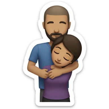 Comforting hug from tall, brunette, Puerto Rican woman to shorter bald male with beard sticker