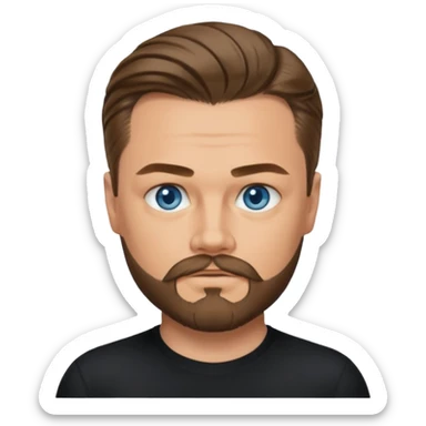 a good looking like leonardo di caprio blue eyes, beard, mustache, a black shirt, green eyes, hair tied to the back sticker