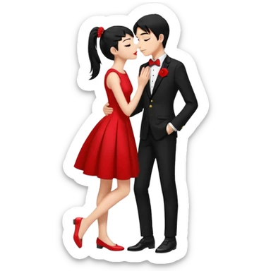 Make a girl has 18 years old black ponytail red dress, red flat and a boy has 19 years old black hair black tuxedo black shoes boy and girl kiss sticker