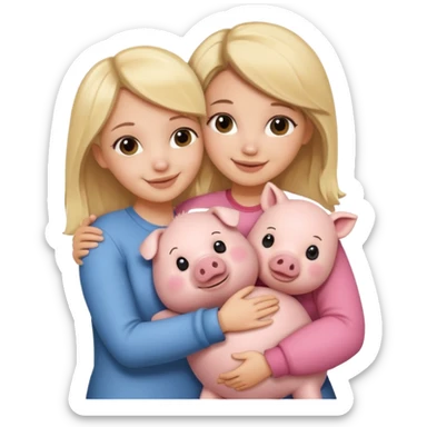 Girlfriends, blonde and brunette, hugging each other with a teddy bear and a little pig. Teddy sticker