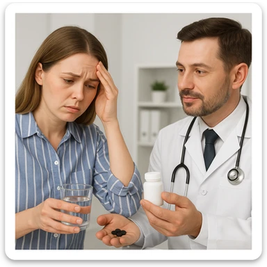 A realistic or illustrative style image of a doctor in a white coat prescribing medicine to a woman showing symptoms. The woman holds a glass of water and pills, with a worried expression. The background is clinical, inspired by the reference image. sticker
