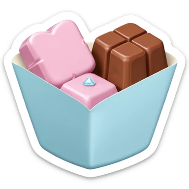 Two square milk chocolate pralines , sharp-edged glossy cubes placed diagonally side by side, each sitting in a small white fluted paper candy cup.
Flat thin pastel pink heart icing centered on top with fine sugar crystal sparkle, clean studio product lighting,  sticker