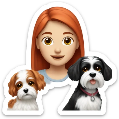 Red-haired girl next to her black and white Maltese dogs sticker