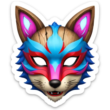 Ancient wooden mask, split in half, luminous and neon with red, blue and pink fox-like glow. sticker