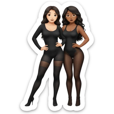 Curvy woman with brown skin with long wavy black hair, brown eyes, wearing black body stocking. She's bent over touching her toes. A white skinned man with dark brown hair is standing behind her holding her hips sticker