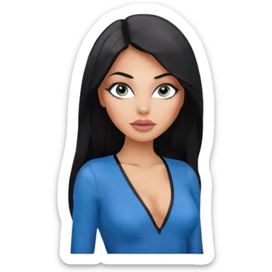 Glamours, tanned, beautiful, girl, with big pump peach-beige-rose lips, eyeliner, long lashes, black straight smooth silky long hair, straight parting hair, blue-grey eyes in black v-neck bodysuit sticker