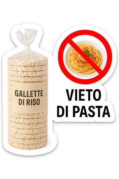 confezione di gallette di riso con accanto un piatto di pasta con divieto sopra, in italiano,  realistici sticker