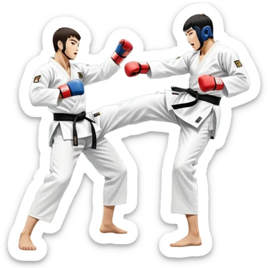 Two taekwondo fighters in traditional white doboks with black belts. One delivers a powerful kick, while the other defends by blocking with his knee. The background shows a professional arena with bright lights and an excited crowd. Transparent background highlights the intense action sticker