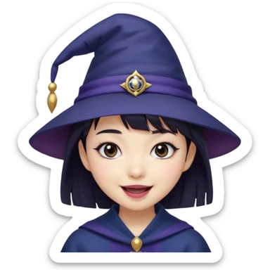 An Asian short-haired girl with short raven hair and bangs, with heterochromia eyed, eyeliner, and laughs with a tiny fang of mauve-toned lipstick, wears a dark navy wizard hat with an emblem on it. sticker