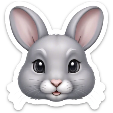 Cinematic Cute Grey Rabbit Portrait Emoji, Head tilted playfully and inquisitively, featuring a silky, smooth grey fur with soft, velvety textures, round, sparkling grey eyes filled with curiosity, Simplified yet irresistibly adorable features, highly detailed, glowing with a warm, friendly glow, high shine, affectionate and gentle, stylized with a touch of whimsy, bright and endearing, soft glowing outline, capturing the essence of a mischievous yet loving bunny, so playful it feels like it could hop out of the screen and into your arms! sticker