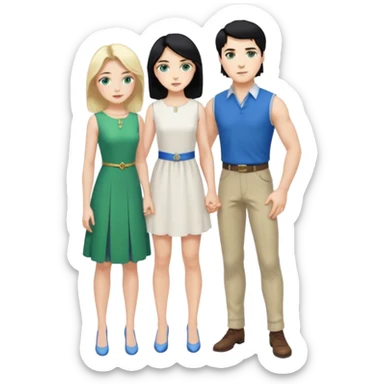 prince, standing upright, black Hair, blue eyes, garment, and woman, bending knee, sleveless white dress, blonde hair, green eyes, sticker