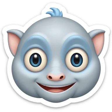 No head..it has 1 eye....stands upright ...wears clothing. is light grey and light blue..looks happy and cuddly... doesnt have a full head.... there is a appendage coming out of top of body with a single large eye sticker