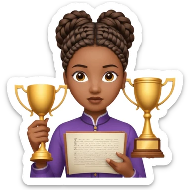 generate an emoji for this phrase, Start strong to earn trust and be noticed. End strong to be remembered. make it a black woman in braids updo looking determined with a script in hand and a trophy sticker