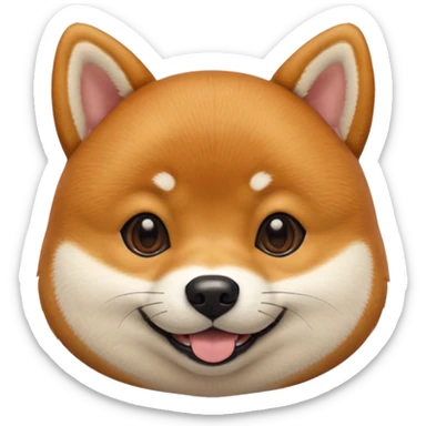 Head of a Shiba Inu dog, in orange-brown fur with white muzzle and cheeks, round face, big black eyes, perky ears, grinning with closed mouth, no tongue, front-facing, glossy texture, soft shadows
 sticker