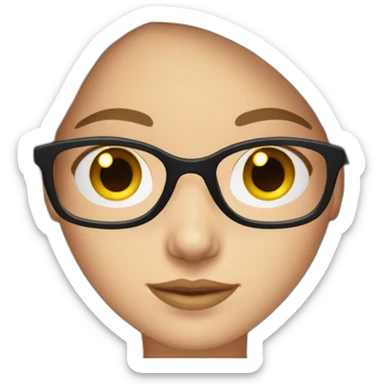 young white woman with brown straight hair and blue eyes wearing glasses with black frame sticker