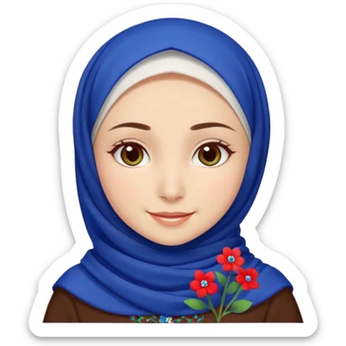 Turkish beautiful finish Konya girl brown eyes white skin with red blue indigo green mini flowers hijab and brown islamic dress and smiles sticker